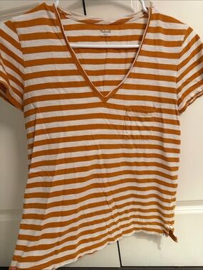 Madewell White and Mustard Striped V-Neck Pocket Tee